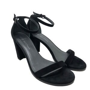 Stuart Weitzman Nearly Nude Strappy Block Heels Womens 9 Black Suede Going Out